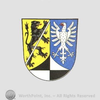 Heraldry: shield, lion, eagle, chequered field.