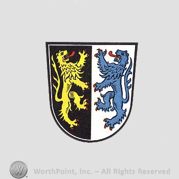 Heraldry: shield and two lions.
