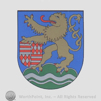 Heraldry: shiled, lion, waving line, hills, diamonds and lines inside shield.