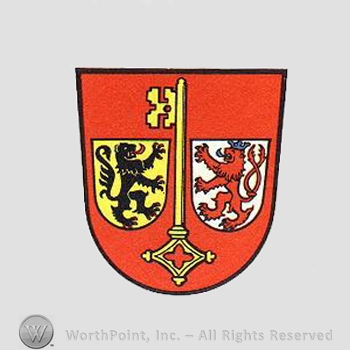 Heraldry: shield, key, two shelds, two lions.