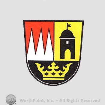 Heraldry: shield, tower, crown, three piles.