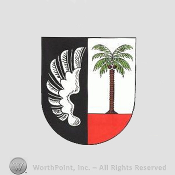 Heraldry: shield, wing, palm tree.