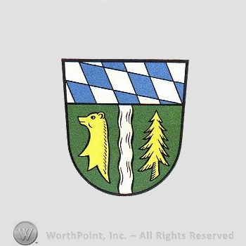 Heraldry: shield, diamond pattern, bear head, waving line, pine tree.