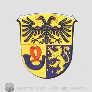 Heraldry: shield, horn, lion rampant, two heads eagle.