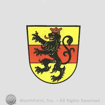 Heraldry: shield, red bar, lion with crown.
