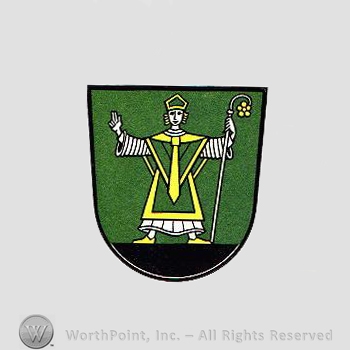 Heraldry: shield, priest, monastery stick.