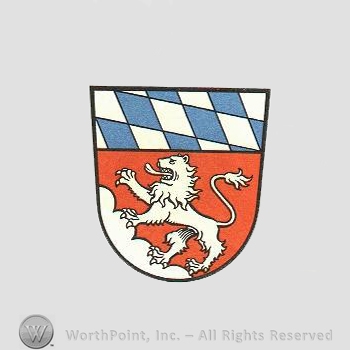 Heraldry: lion, shield, hills, diamond pattern.