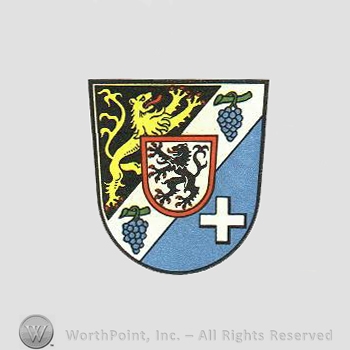 Heraldry: shield, grapes, cross, lion inside shield.