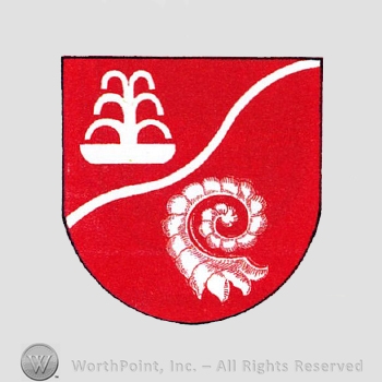 Heraldry: shield, fountain, horn, waving line.