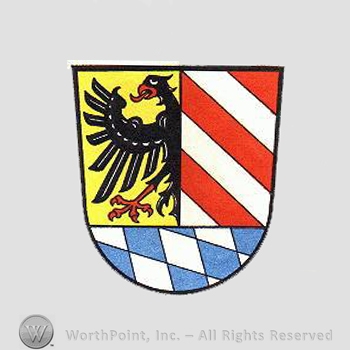 Heraldry: shield, eagle, red lines, diamond pattern.