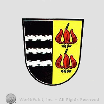 Heraldry: shield, two flowers, waving lines.