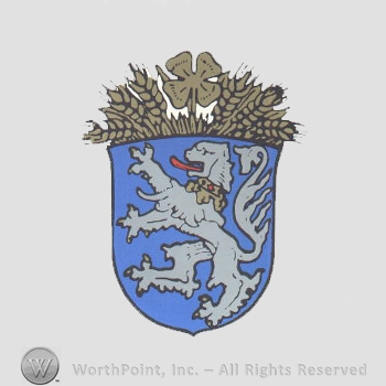 Heraldry: shield, wheat brunch, clover, lion.