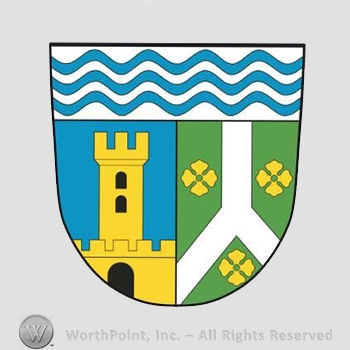 Heraldry: waving lines, shield, castle tower, clover leaves, white line.