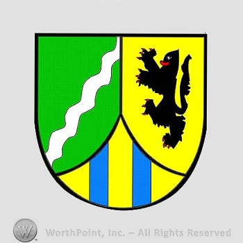 Heraldry: shield, lion, waving line, blue lines.