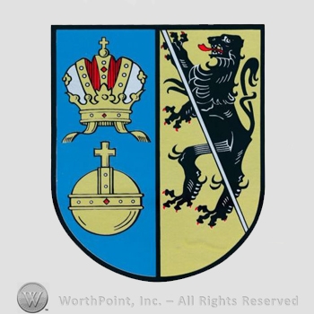 Heraldry: shield, lion, imperial crown, cross.