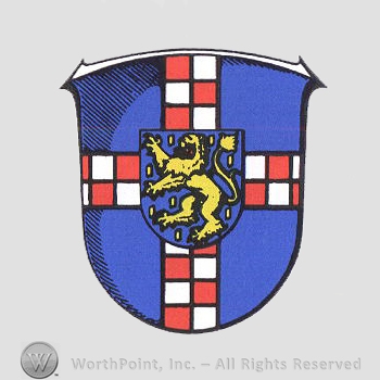 Heraldry: shield, cross, lion.