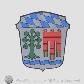 Heraldry: shield, diamond pattern, tree, waving line.