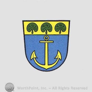Heraldry: shield, anchor, leaves.