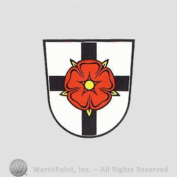 Heraldry: shield, cross, rose.