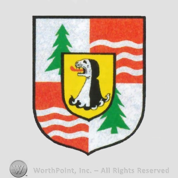 Heraldry: shield, seal, pine trees, waving line.