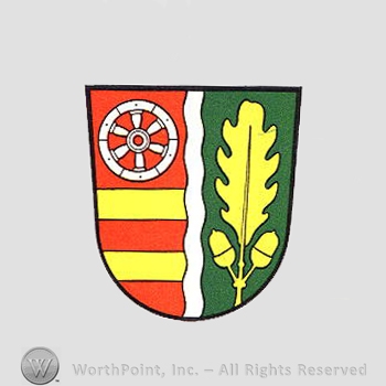 Heraldry: shield, wheel, oak leaf, yellow lines, waving line.
