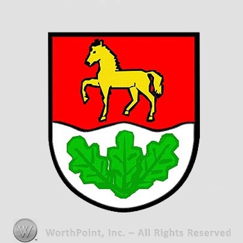 Heraldry: shield, horse, oak leaves.