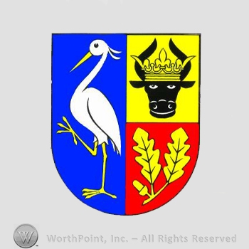 Heraldry: shield, heron, bull head, crown, oak leaves.