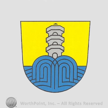Heraldry: shield, tower, round shapes.