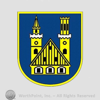 Heraldry: shield, towers, house.