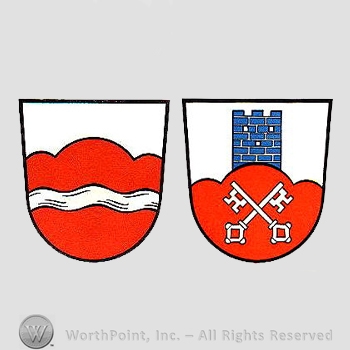 Heraldry: two shields, tower, keys, waving line, hills.