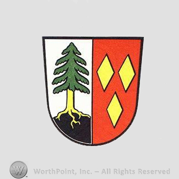 Heraldry: shield, pine tree, diamonds.