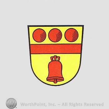 Heraldry: shield, bell, red line, three balls.