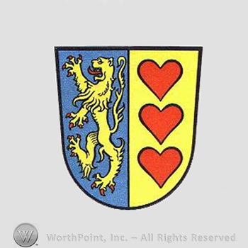 Heraldry: shield, lion, three hearts.