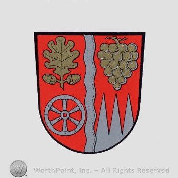 Heraldry: shield, oak leaf, grapes, wheel, dents, waving line.