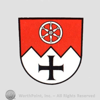 Heraldry: shield, wheels, cross, mountains.