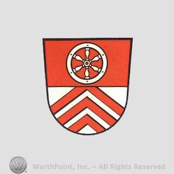 Heraldry: shield, wheel, red lines.