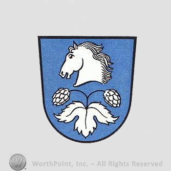 Heraldry: shield, horse head, hops plant.