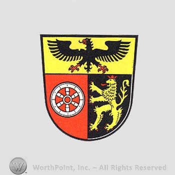 Heraldry: eagle, shield, lion, wheel.