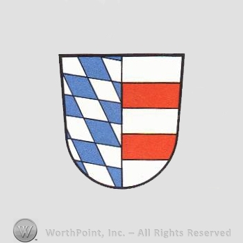 Heraldry: shield, diamond pattern, red lines.