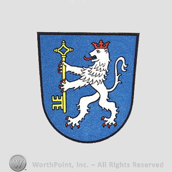 Heraldry: shield, lion, crown, key.