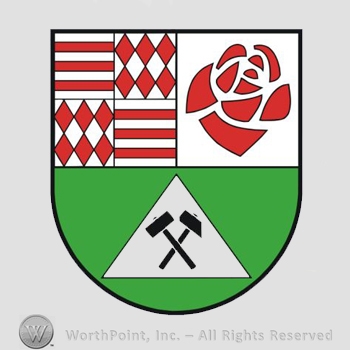 Heraldry: shield, hammers, diamonds, lines, rose.