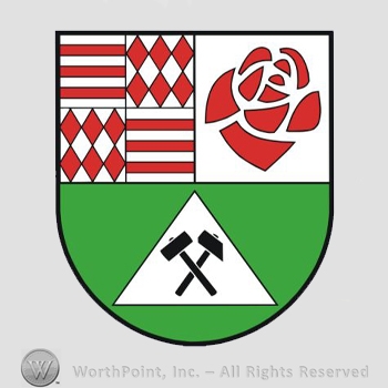 Heraldry: shield, hammers, diamonds, lines, rose.