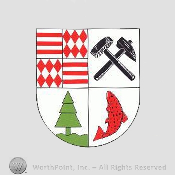 Heraldry: shield, hammers, tree, fish, diamonds, red lines.