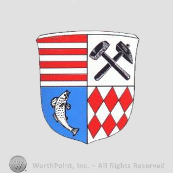 Heraldry: shield, hammers, diamonds, red lines, fish.