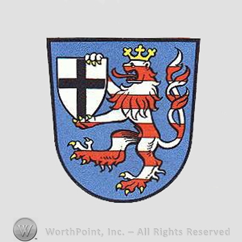 Heraldry: shield, lion rampant, crown, cross inside shield.