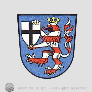 Heraldry: shield, lion rampant, crown, cross inside shield.