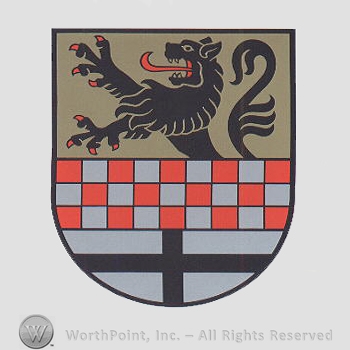 Heraldry: shield, lion, cross, chequered field.