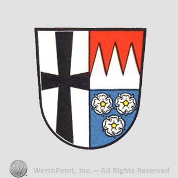 Heraldry: cross, shield, dents, roses.