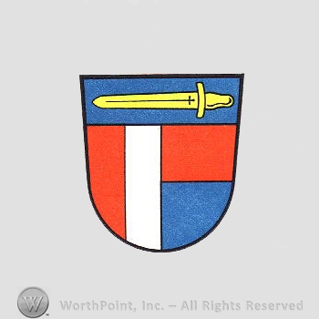 Heraldry: shield, sword, red and white lines, red cube.
