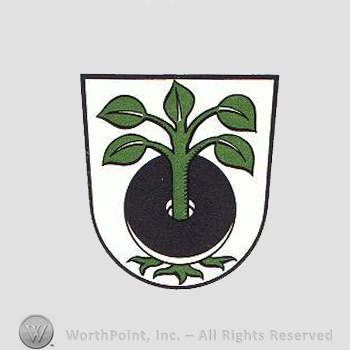 Heraldry: shield, tree, millstone.